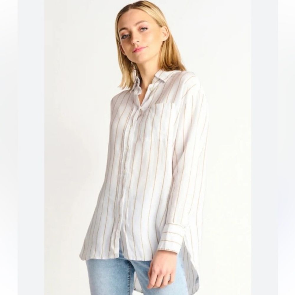 HALSTON 100% Linen Button Down Collared Casual Striped Long Sleeve Shirt M